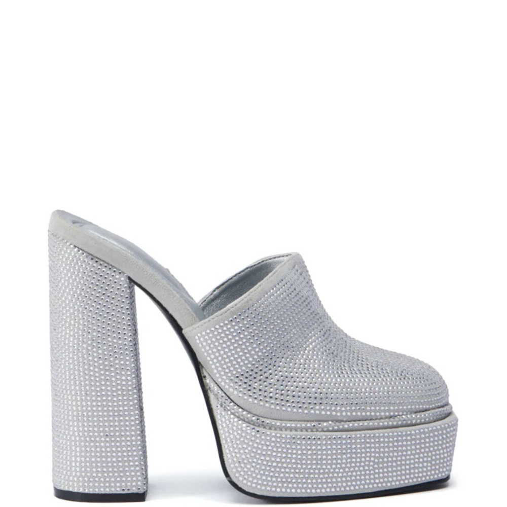 AZALEA WANG Rhinestone Silver High Heel Clog Mules - Picture 2 of 4